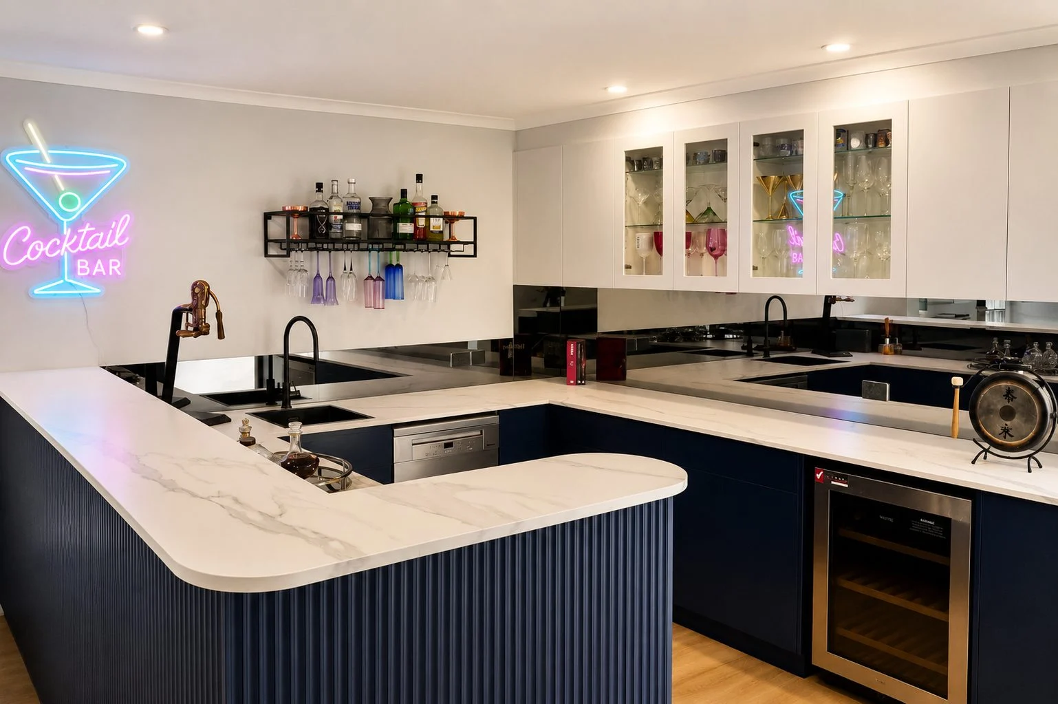 custom joinery home bar with mirrored splashback sydney