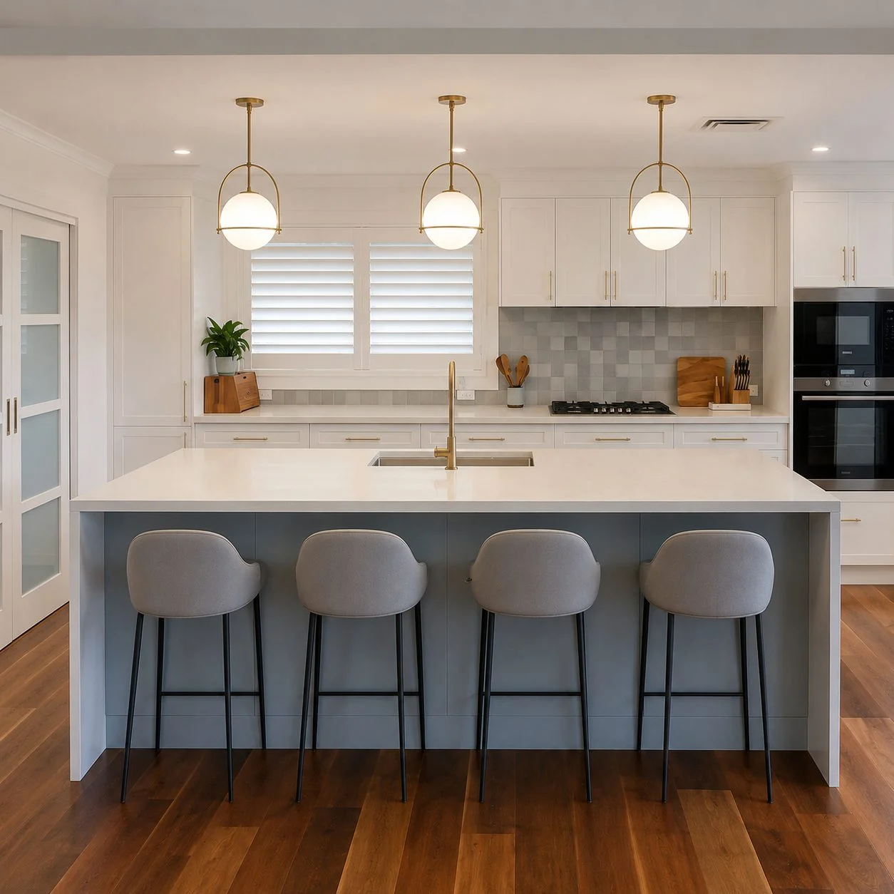 custom kitchen island with brass pendant lighting sydney